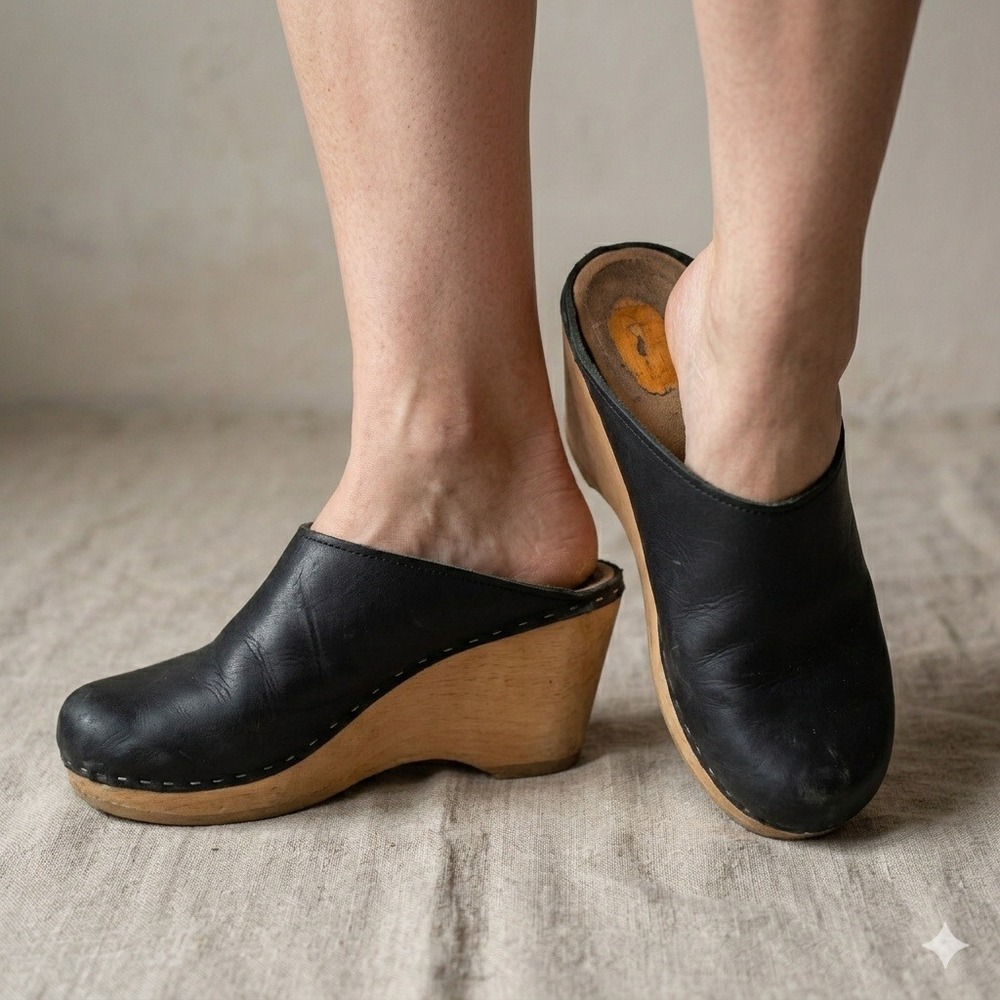 No. 6 New School Clog on Wedge Womens 38 US 8‎ Black Leather Slip On Shoes
